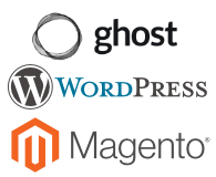 Ghost, WordPress, and Magento logos